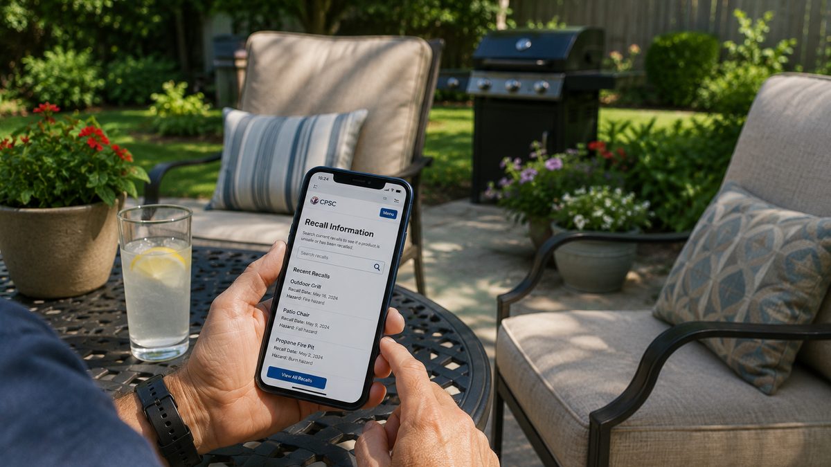 Outdoor lounge chairs sit on a backyard patio while someone checks recall information on a phone.