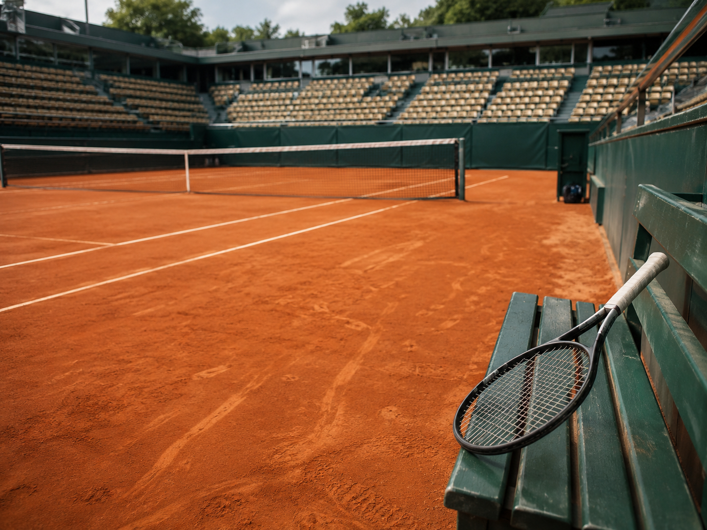 A clay tennis court after a match with a racquet resting near the bench.