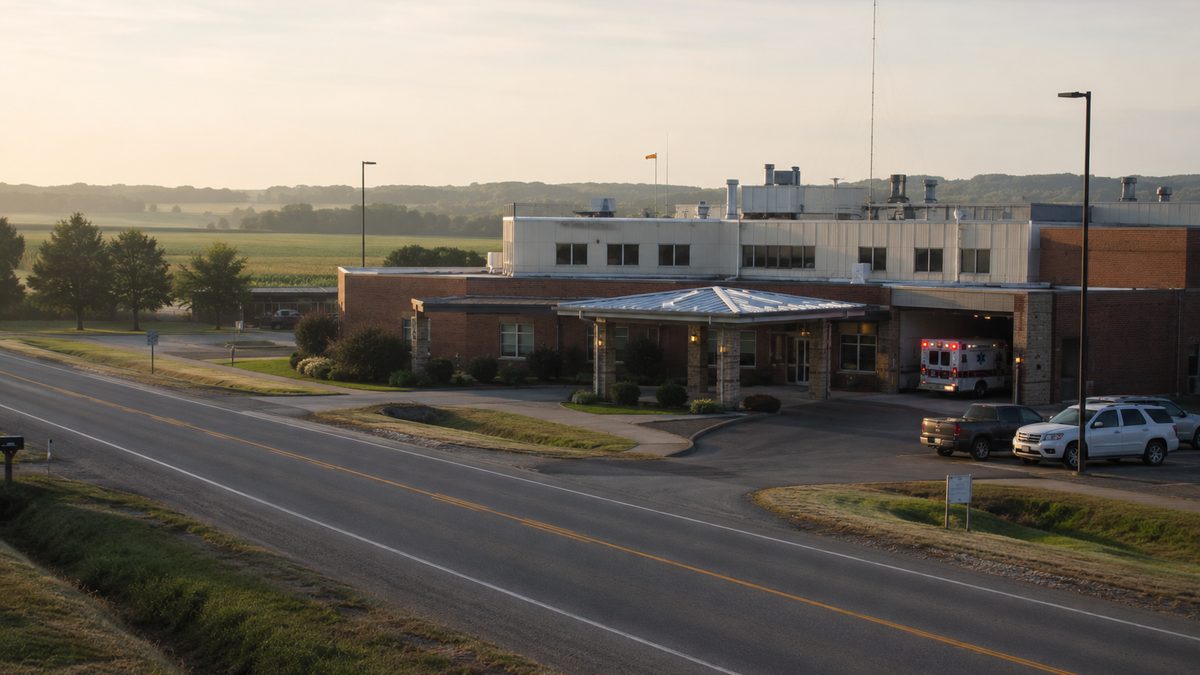 A small rural hospital near an empty road.