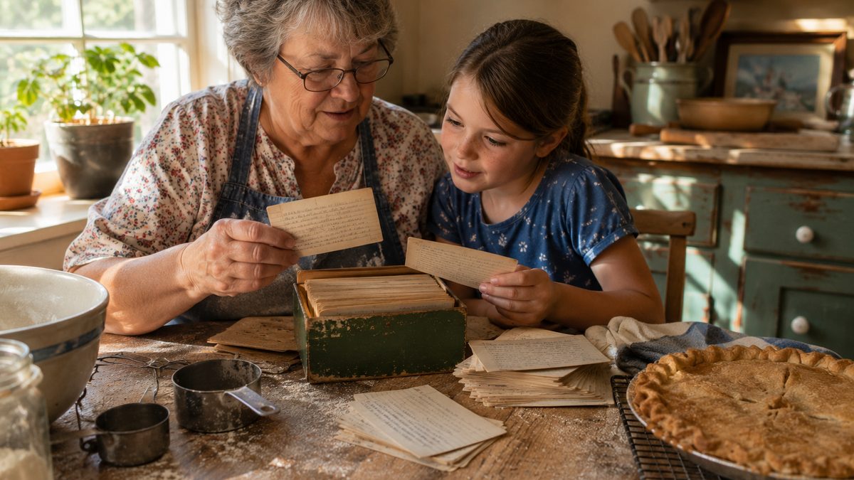 A grandparent and grandchild looking through handwritten family recipe cards at a kitchen table.
