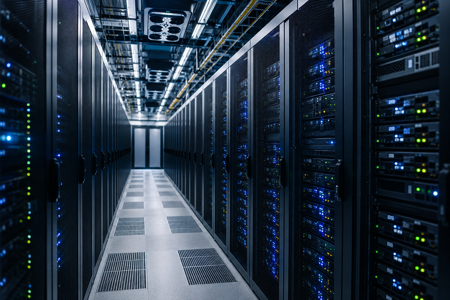 Rows of servers line a cooled data center corridor.