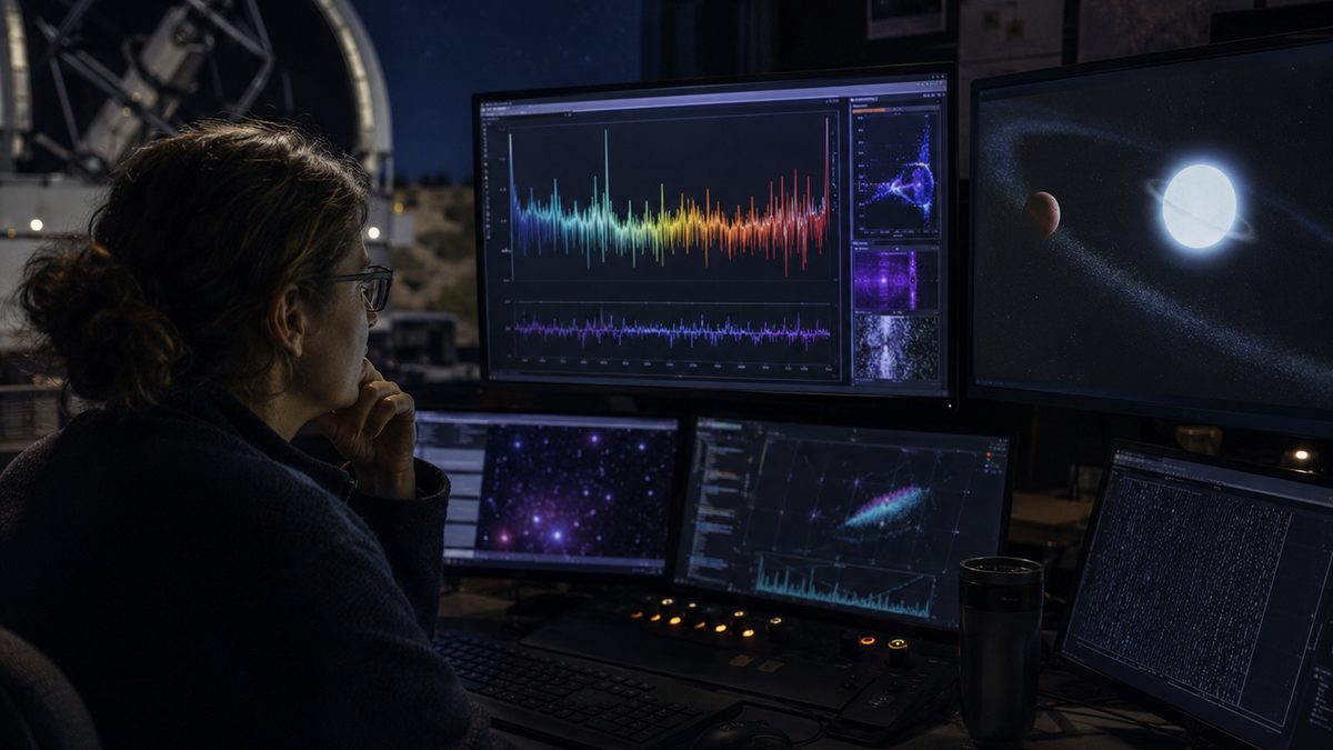 An astronomer reviews telescope spectral data beside a visualization of a planet orbiting a white dwarf.