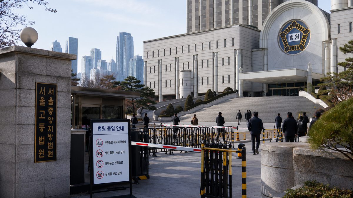 A courthouse exterior in Seoul with security barriers outside.