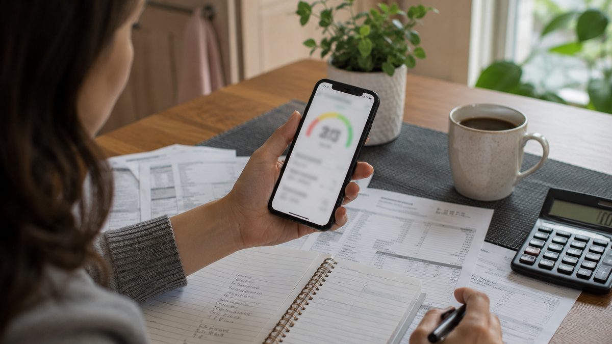 A person reviews credit information on a smartphone beside household finance papers.