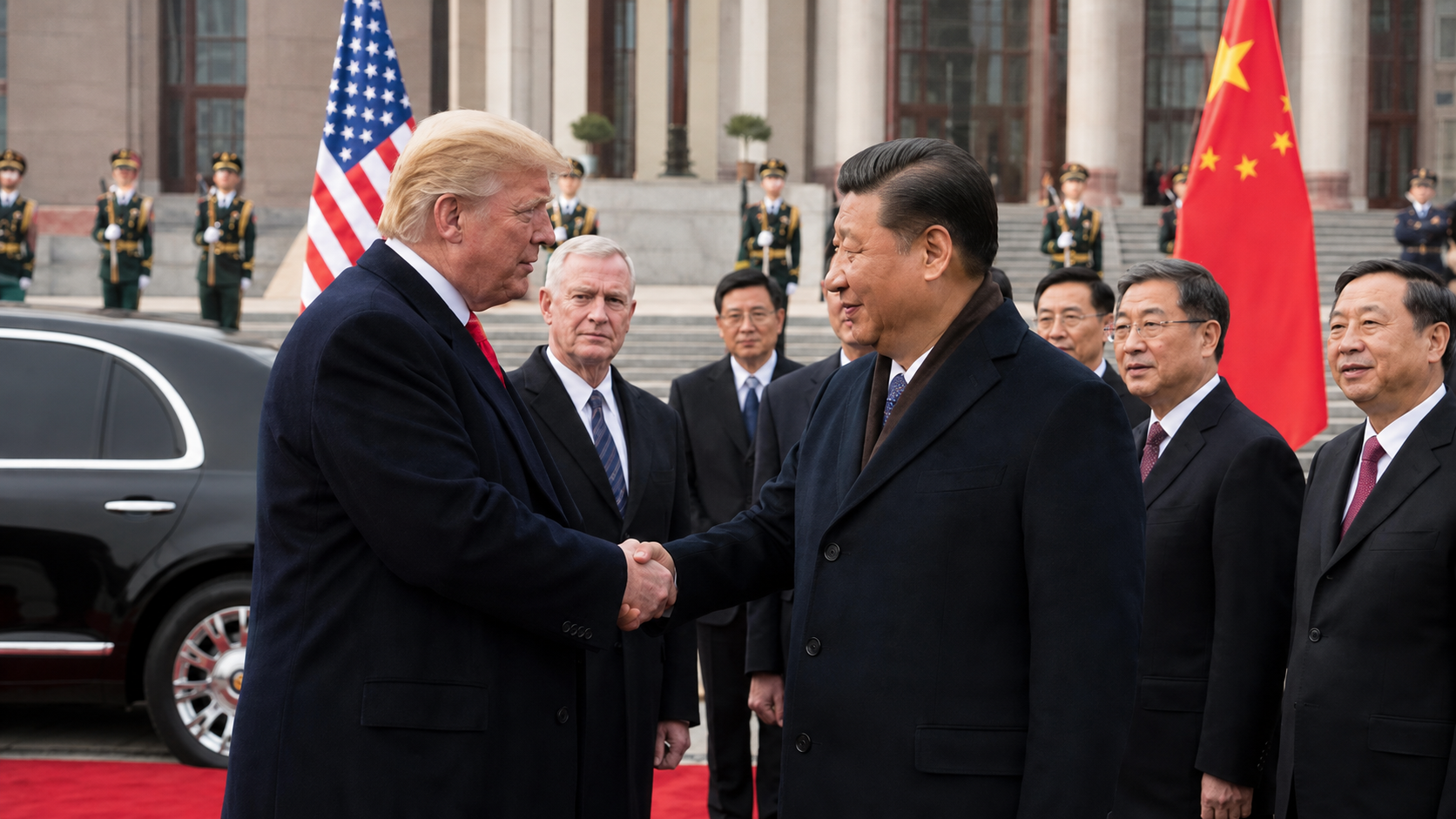 Officials stand during a formal diplomatic arrival ceremony in Beijing.