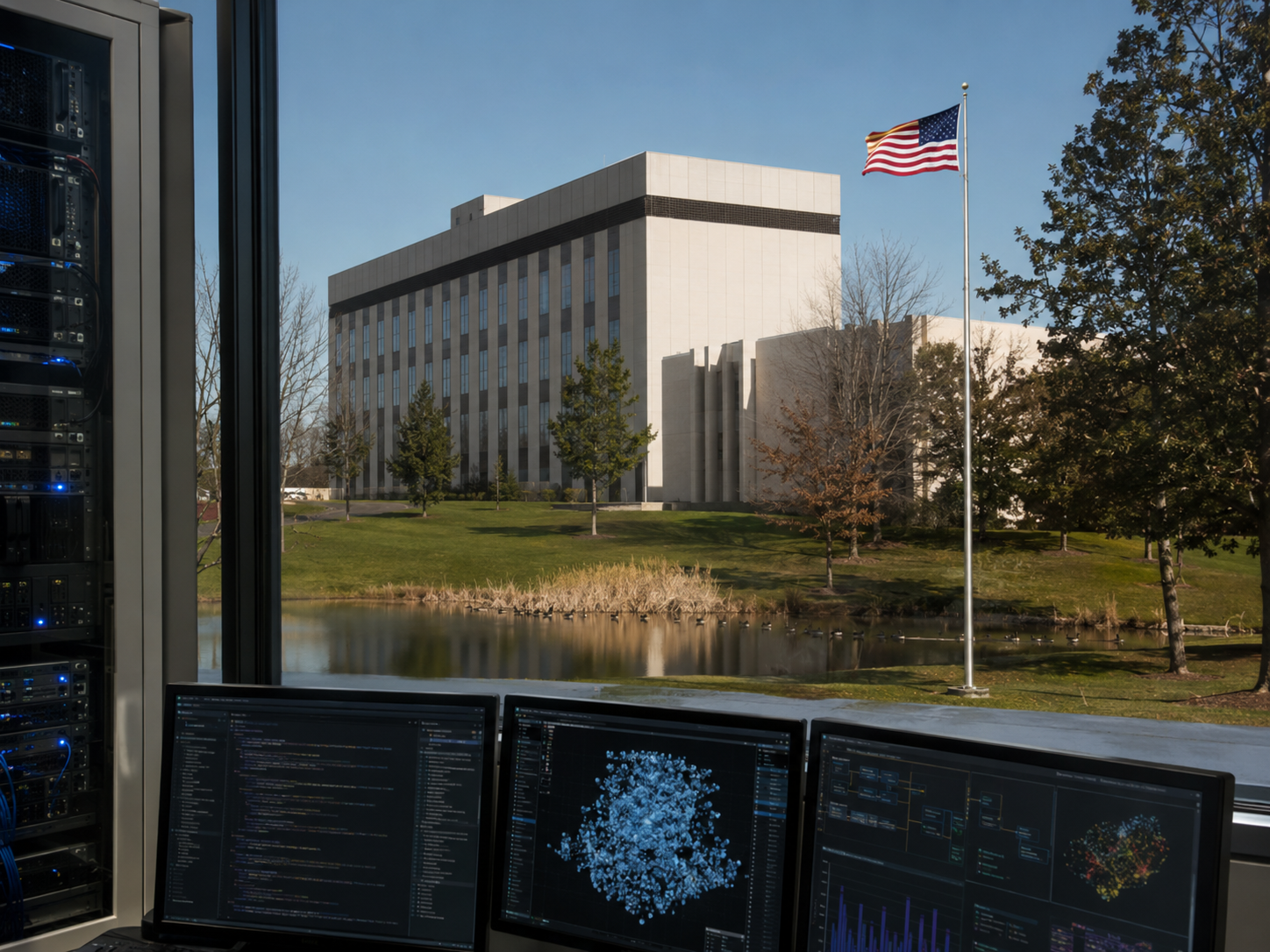 NIST building with symbolic imagery of artificial intelligence research equipment.