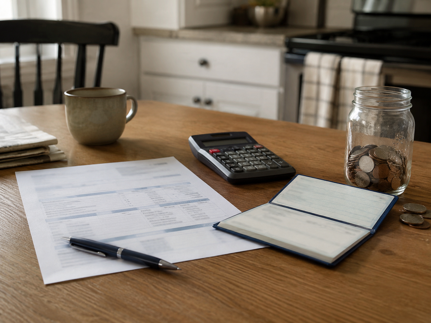 A repair bill, calculator and small jar of coins sit on a kitchen table.
