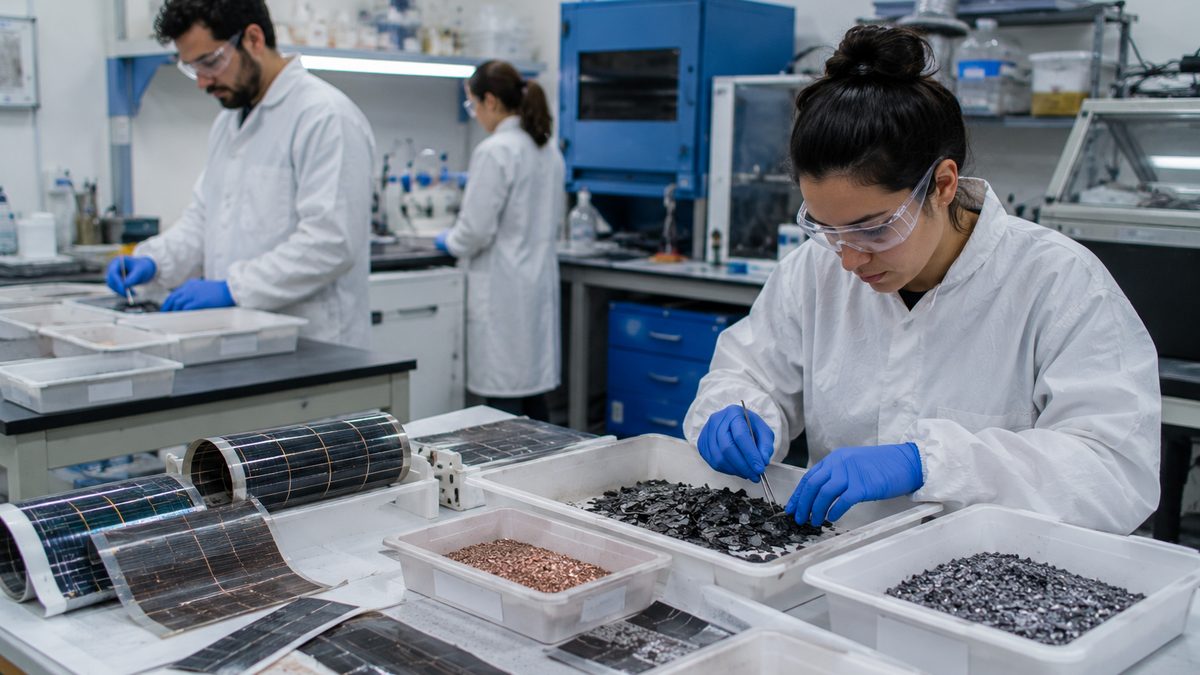 Researchers handle flexible solar-cell materials in a recycling laboratory.