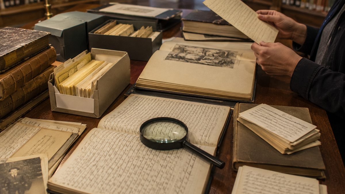 Old books, handwritten records, note cards, and a magnifying glass sit on an archive table.