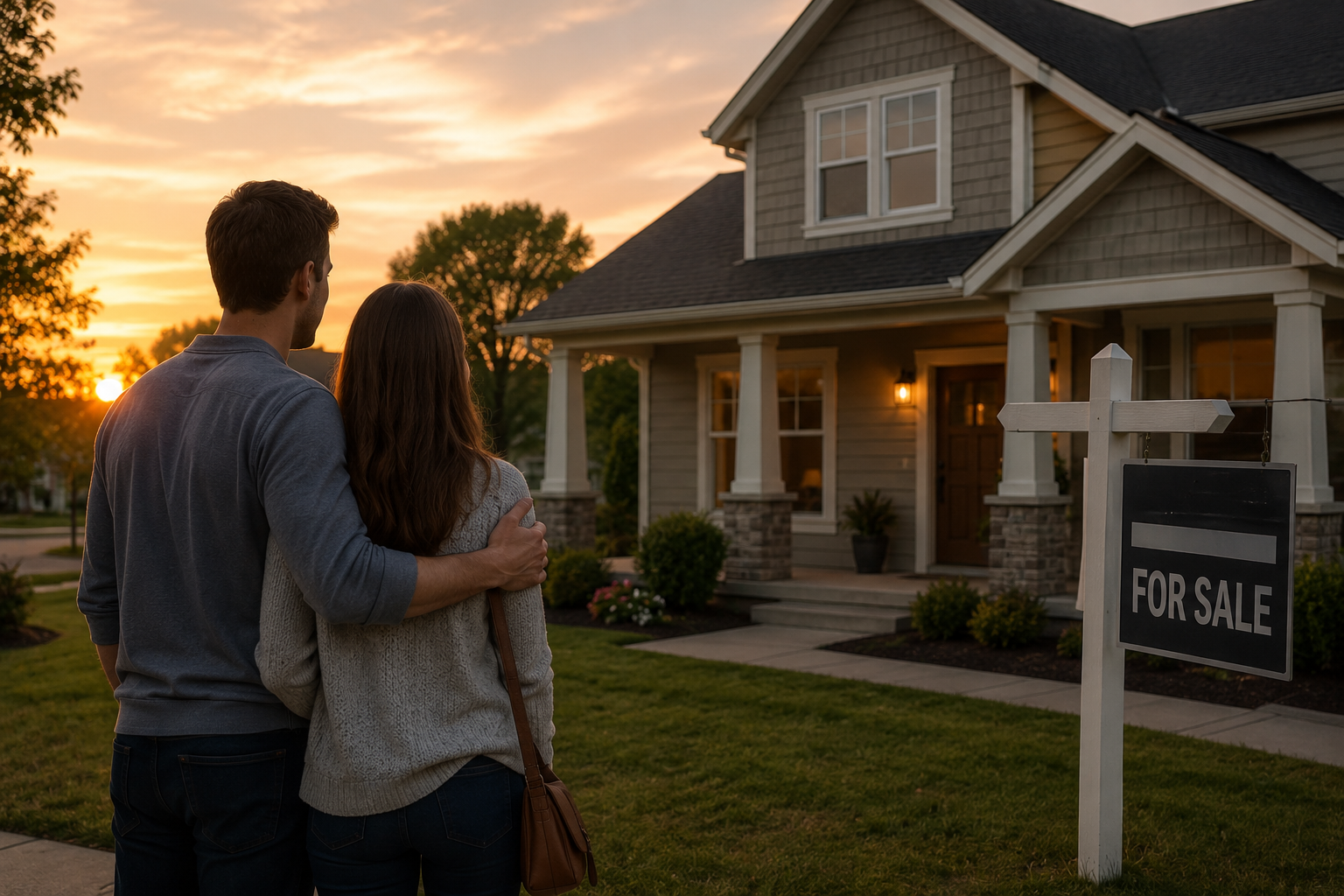Homebuyers reviewing mortgage paperwork and a generic home listing on a laptop.