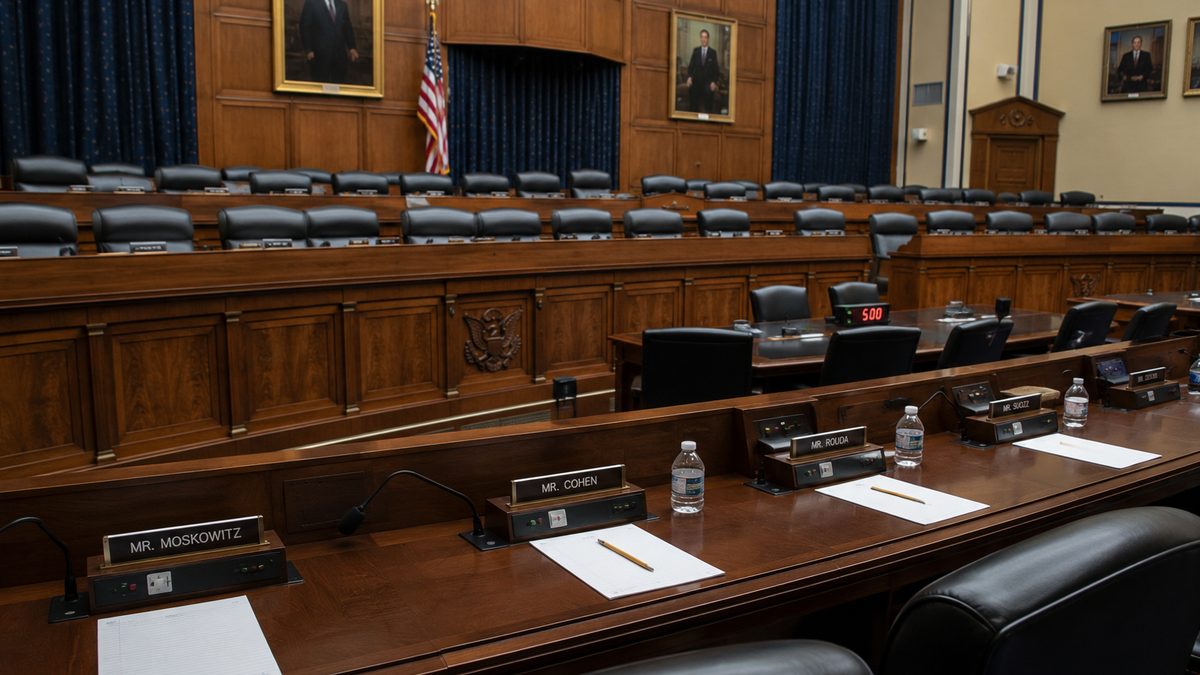 Empty congressional hearing room with microphones and folders.
