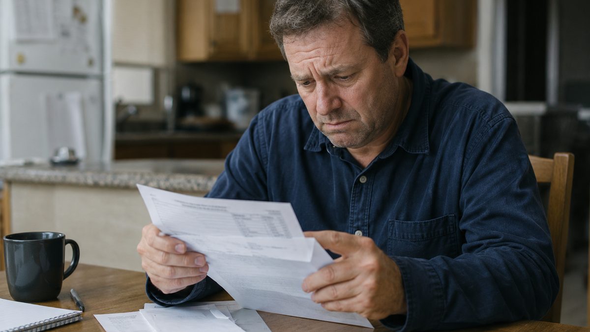 A paycheck stub, grocery receipt and calculator sit on a kitchen table.