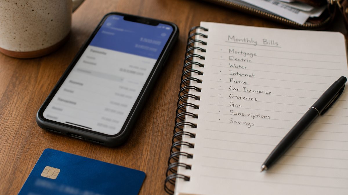 A debit card and phone banking screen beside household bills.