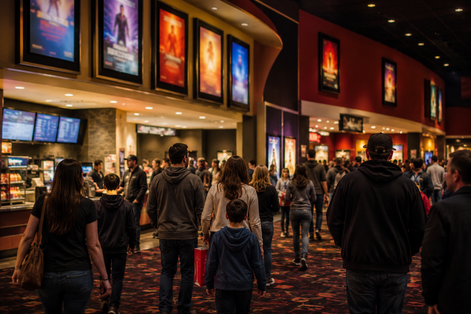 Moviegoers walk through a softly lit theater lobby.