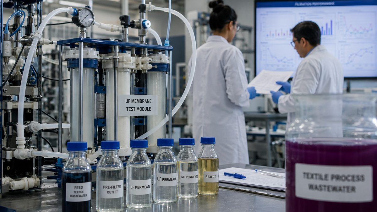 A laboratory membrane testing system filters colored industrial water samples.