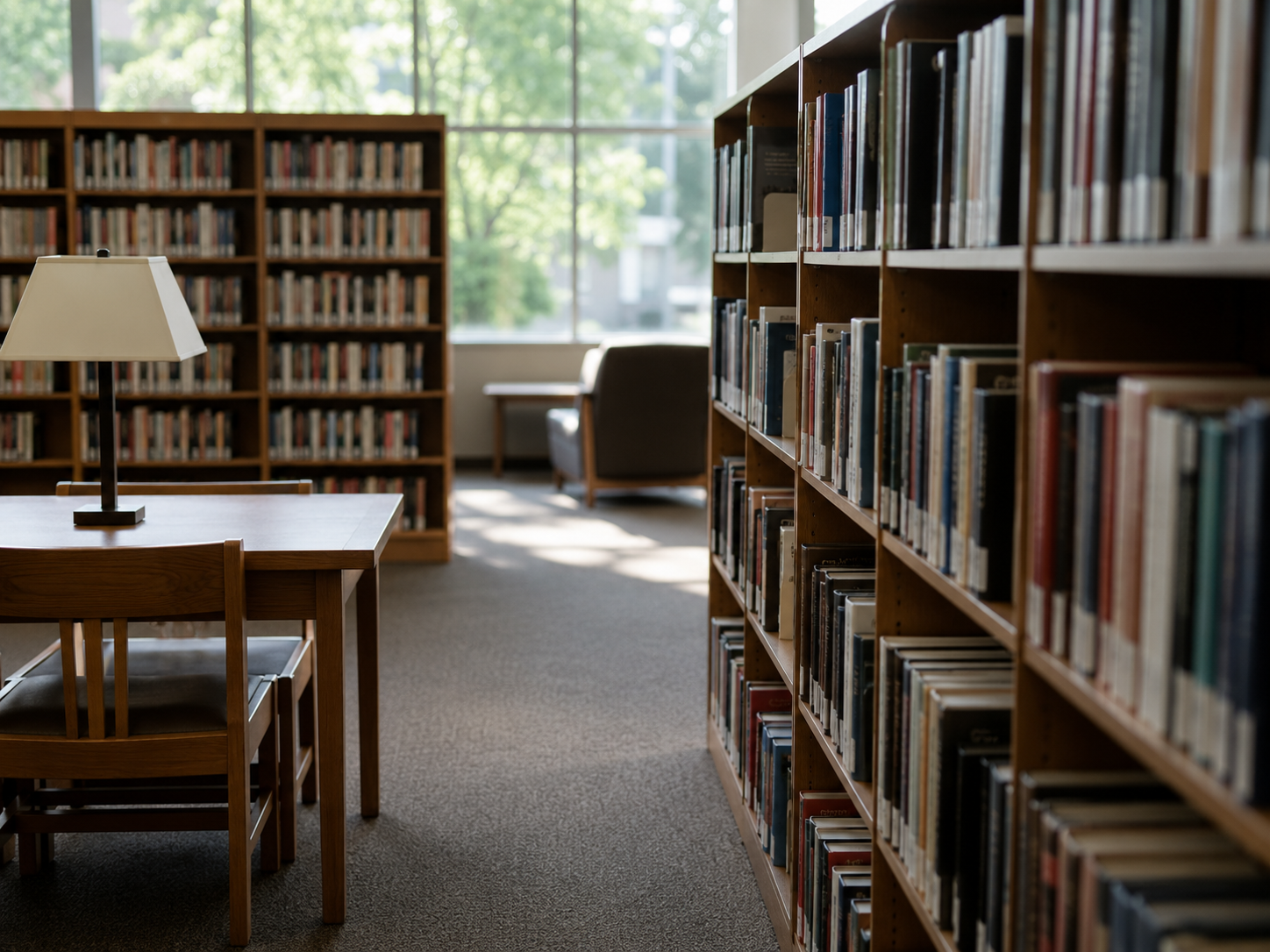 A quiet library aisle with nonfiction books and a reading table.
