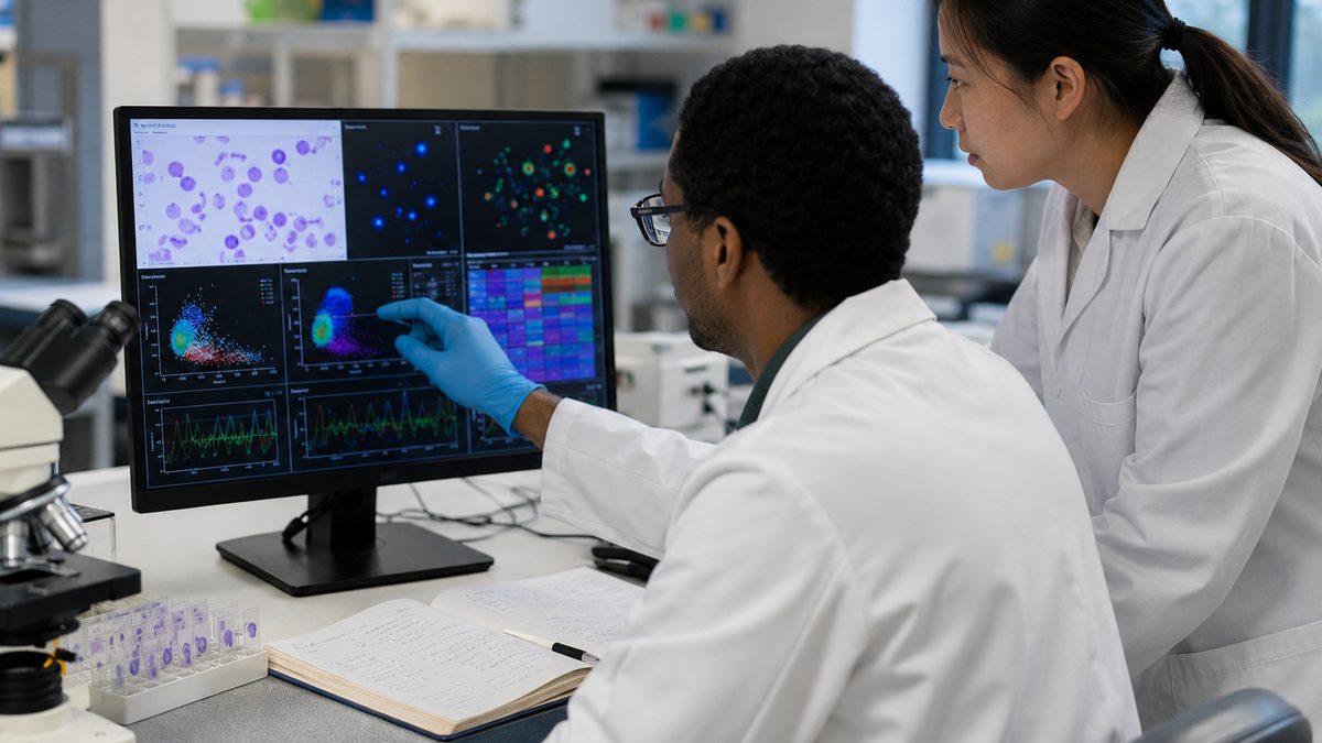 Researchers review malaria parasite imaging and immune-cell data in a biomedical lab.