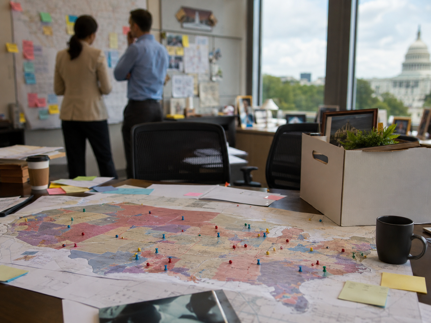Candidate filing folders and a congressional map represent open-seat midterm races.