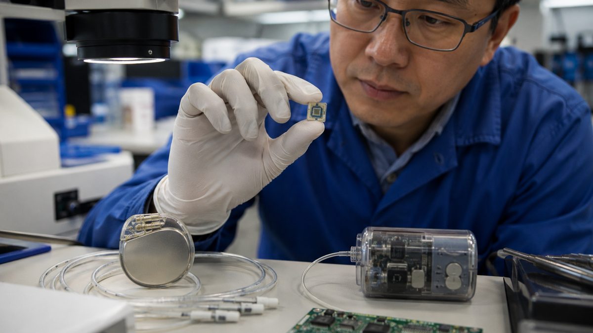 A tiny biomedical security chip is examined beside a model pacemaker and insulin pump in an electronics lab.