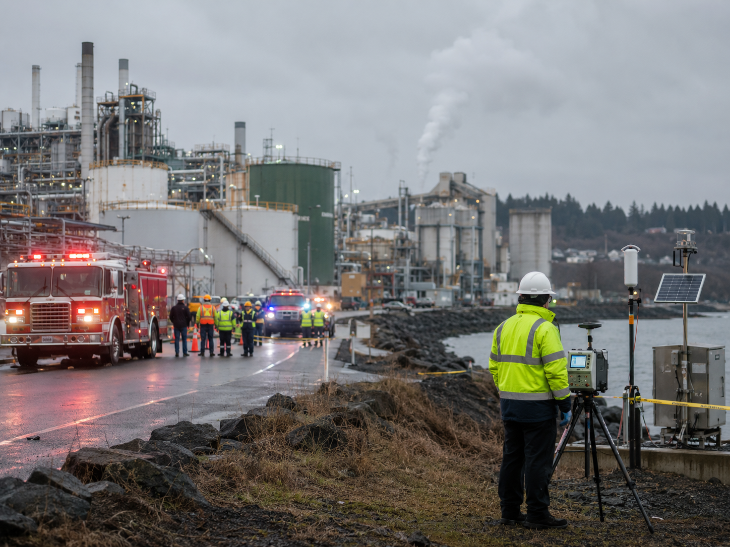 Emergency vehicles staged near an industrial mill complex by a river.