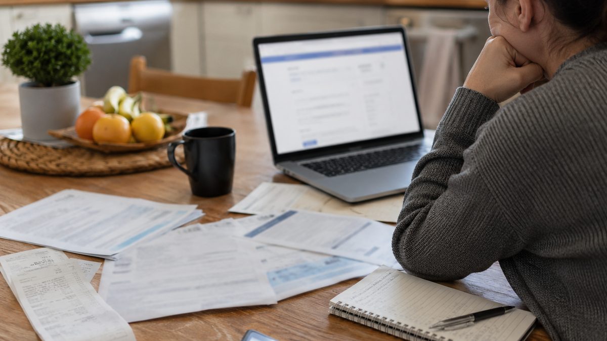 Bills, notebook, and laptop on a kitchen table.