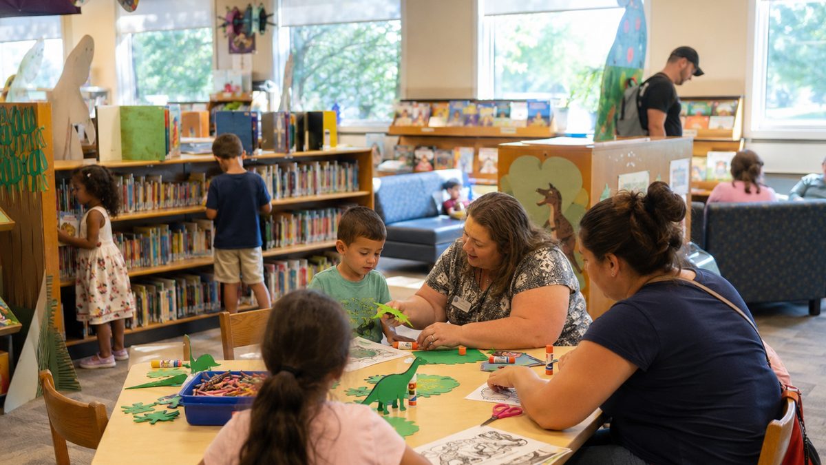 Families browse books and summer activities inside a public library.