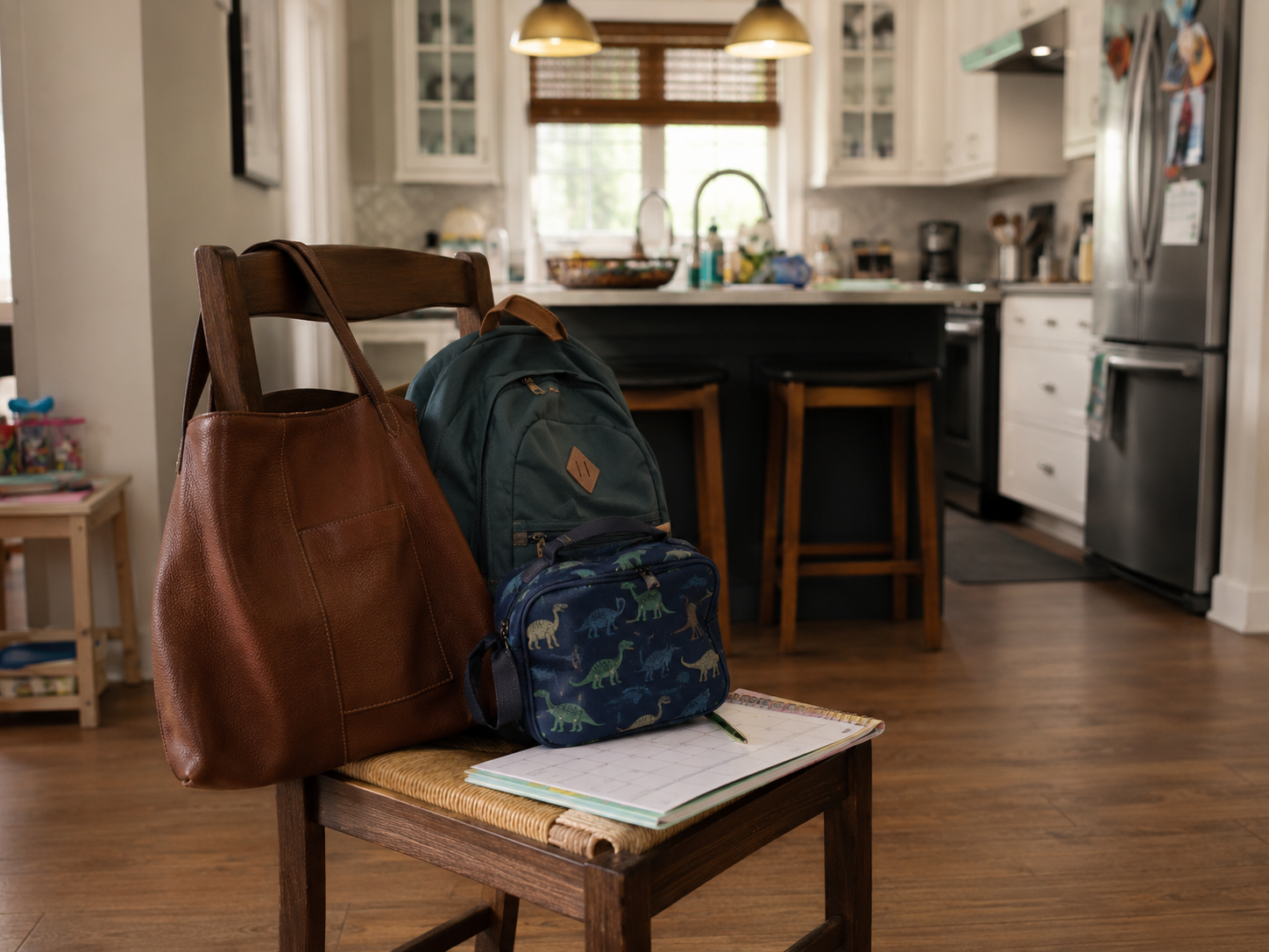 A parent’s work bag sits beside a child’s backpack and lunchbox.