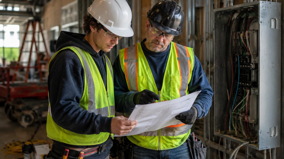 An apprentice electrician and experienced tradesperson reviewing work plans at a job site.