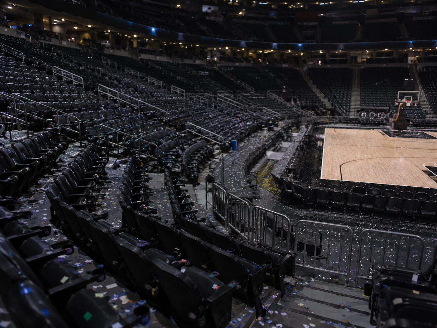 Empty basketball arena after a playoff game.