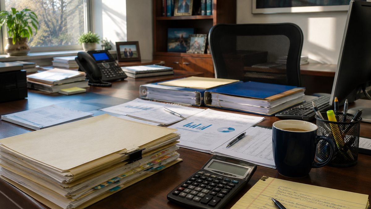 School budget folders and forms on an administrator's desk.