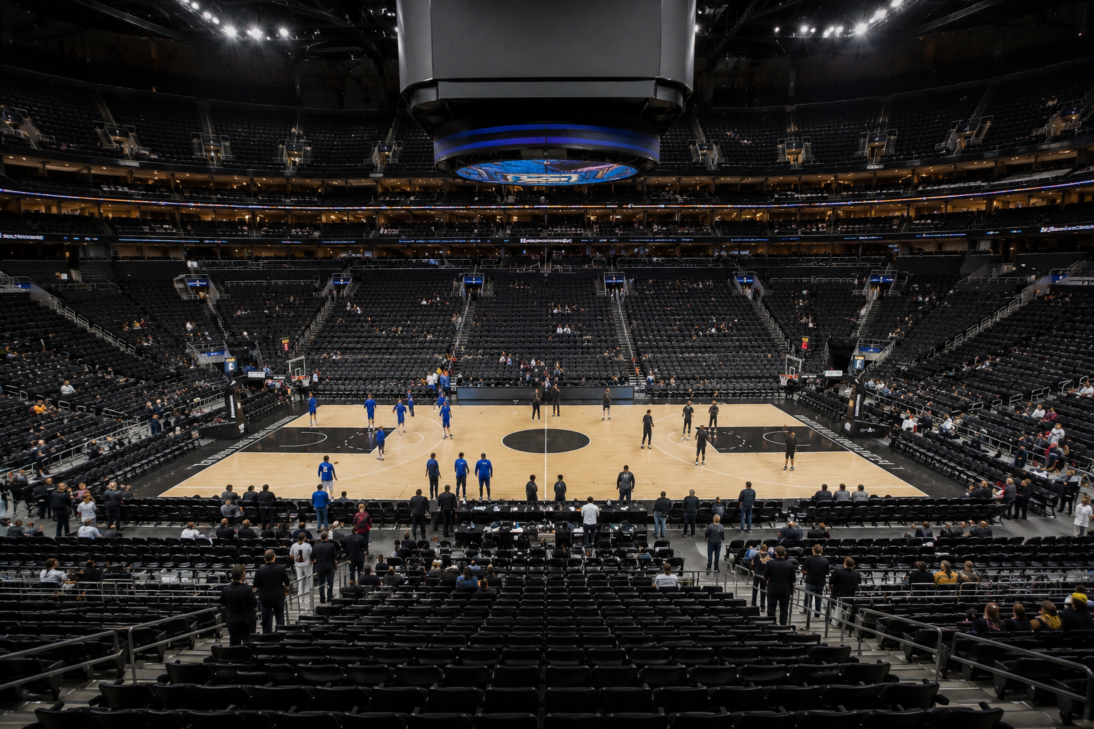A basketball court is prepared before a championship game.