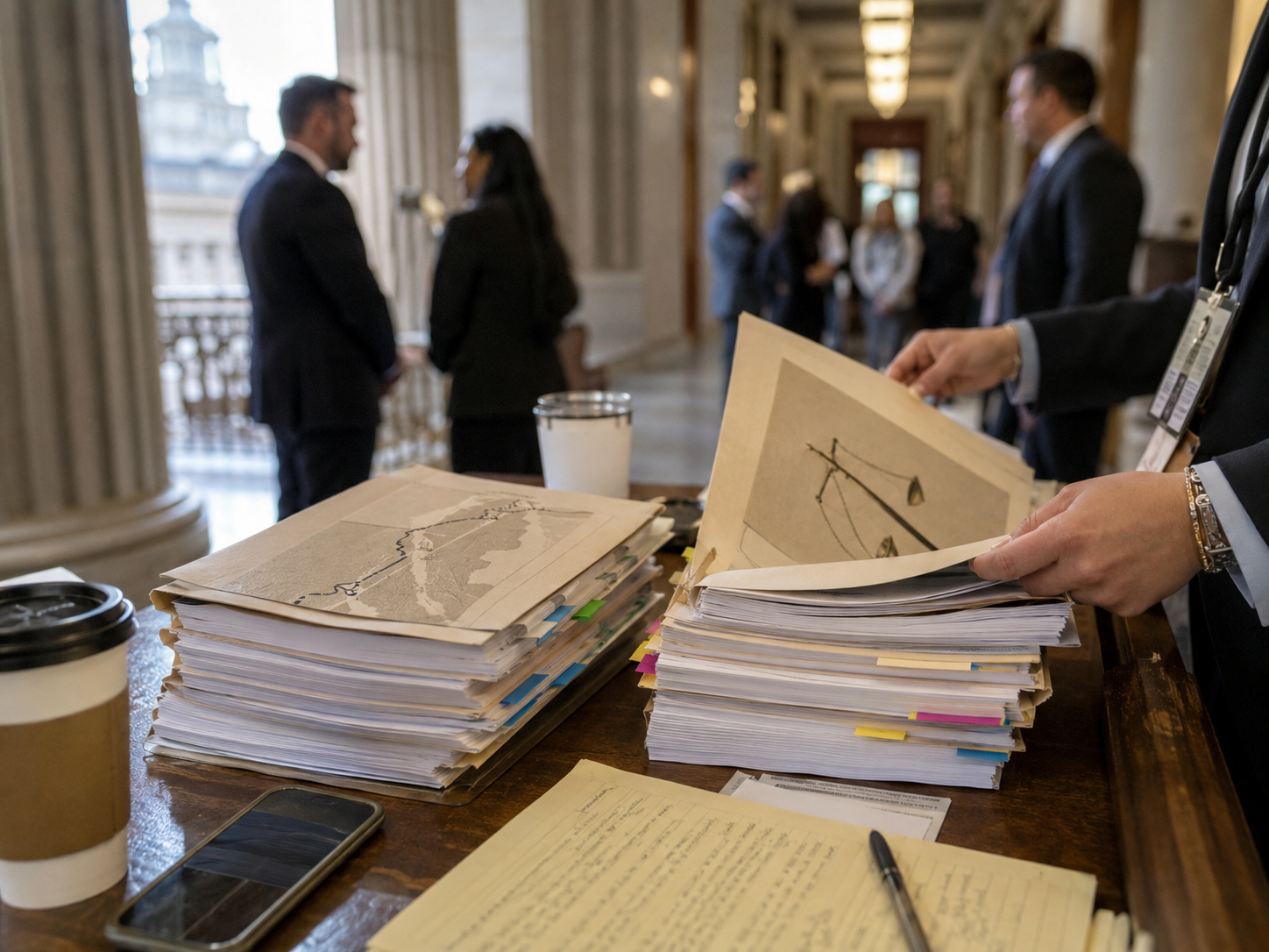Folders and budget documents sit outside a closed congressional committee room.