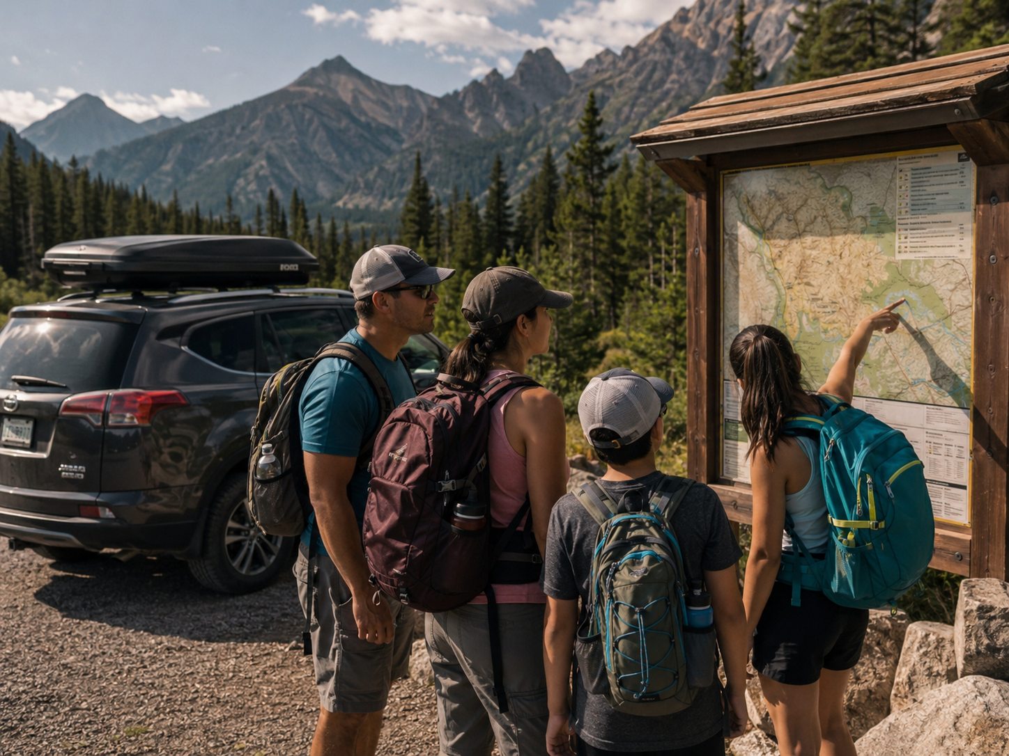 Travelers review a trail map near a parked car before visiting a national park.