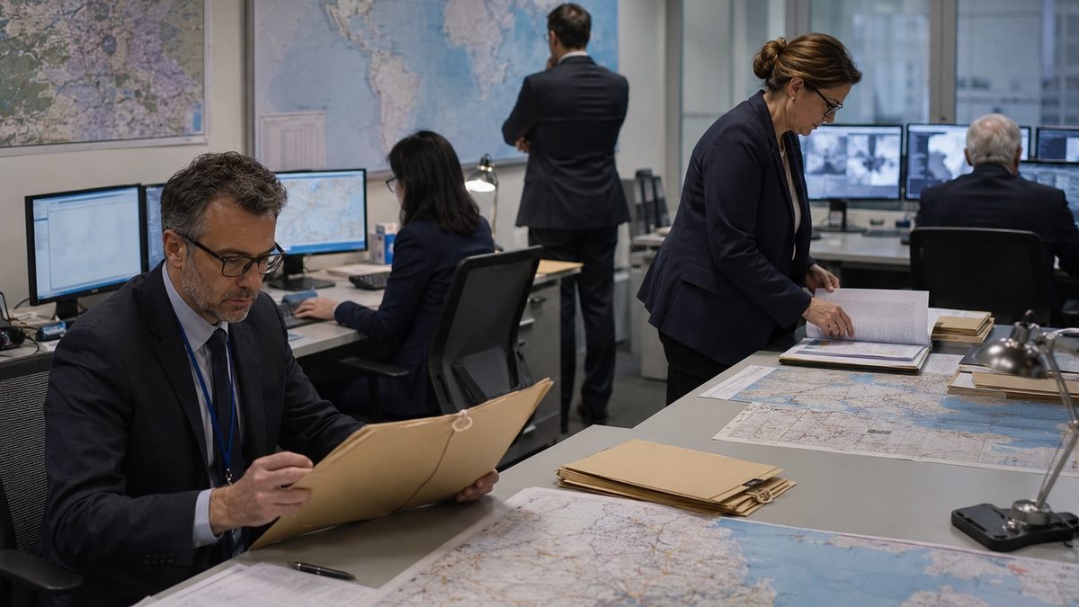 Inspectors review documents and maps in a quiet nuclear monitoring office.