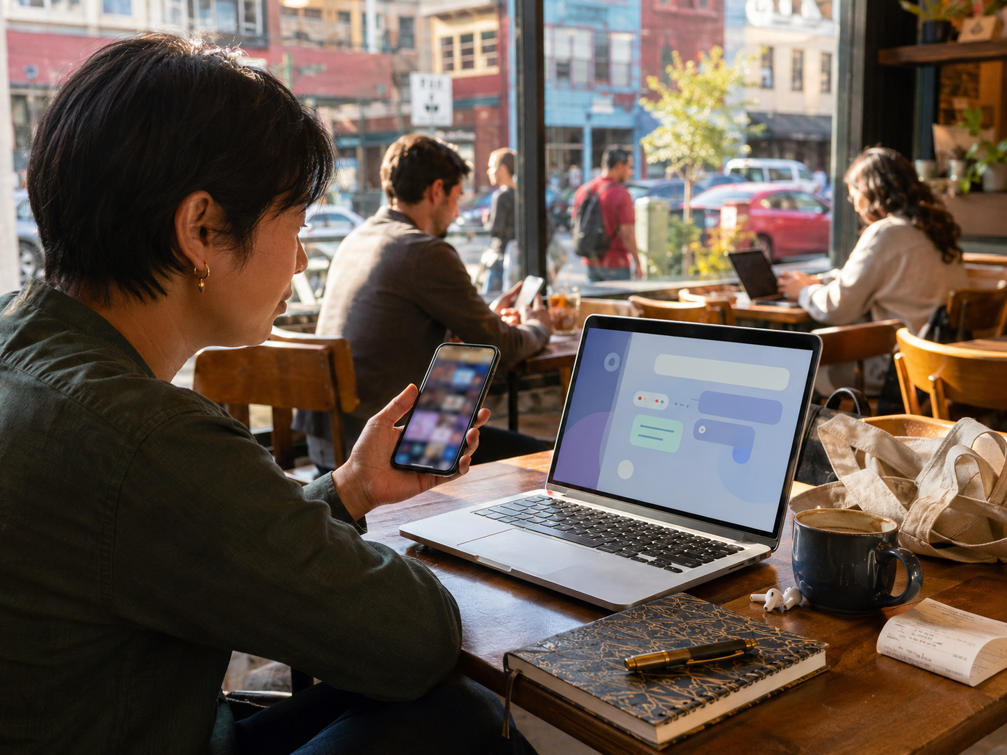 Digital devices sit on a kitchen counter beside a notebook and family calendar.