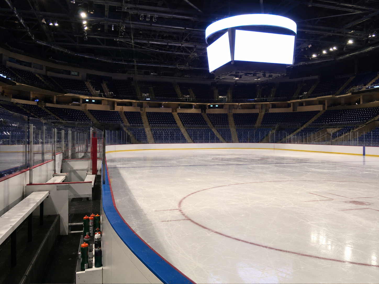 An empty hockey arena after a playoff game.