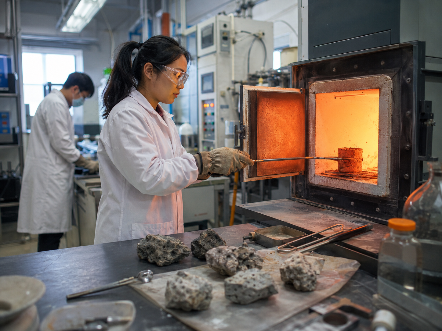 Researchers work near a glowing furnace with mineral samples in a laboratory.