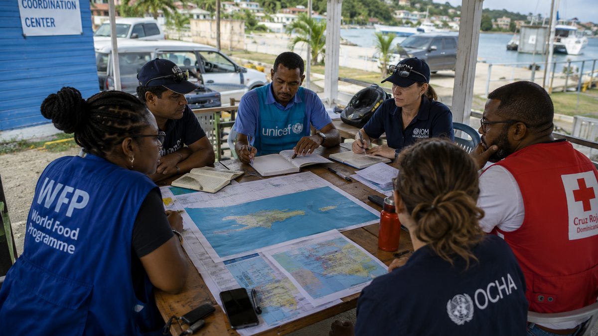 Aid supplies and maps sit on a coordination table near a sunlit street.