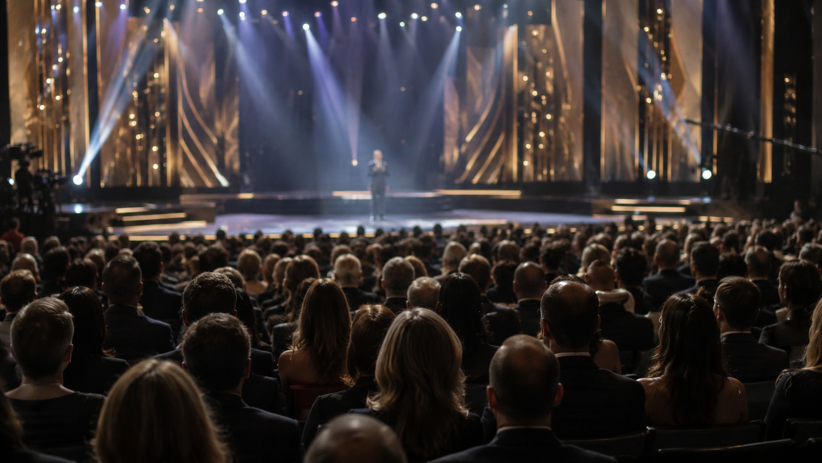 A softly lit awards-show stage seen from the back of a large audience.