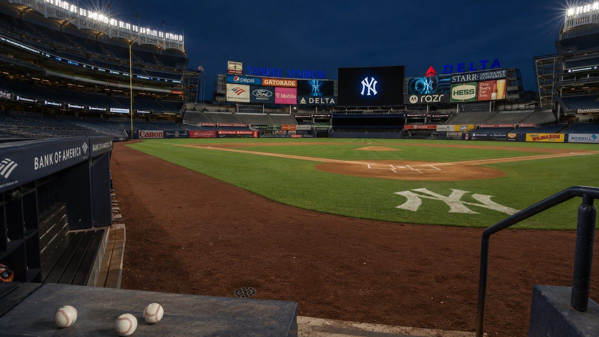 Empty baseball field under stadium lights before a game.