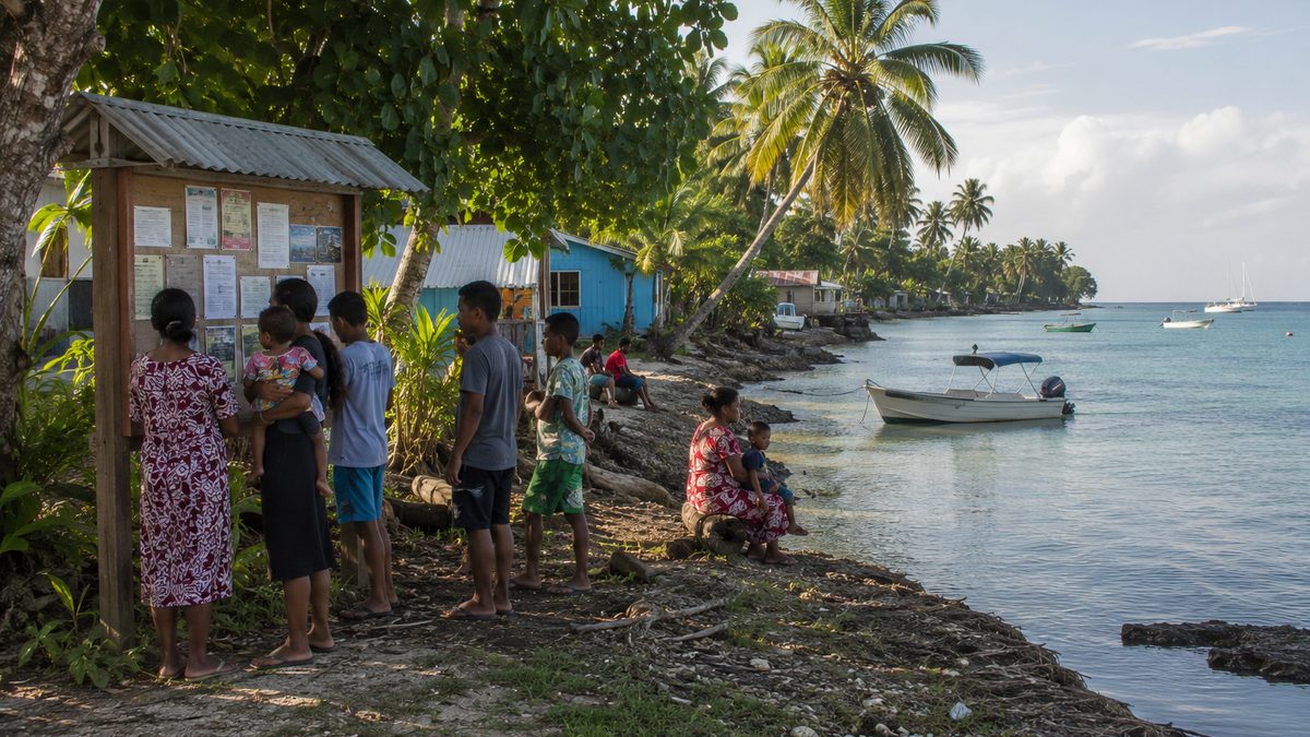 Families stand near a shoreline in a Pacific island community with small boats in the distance.