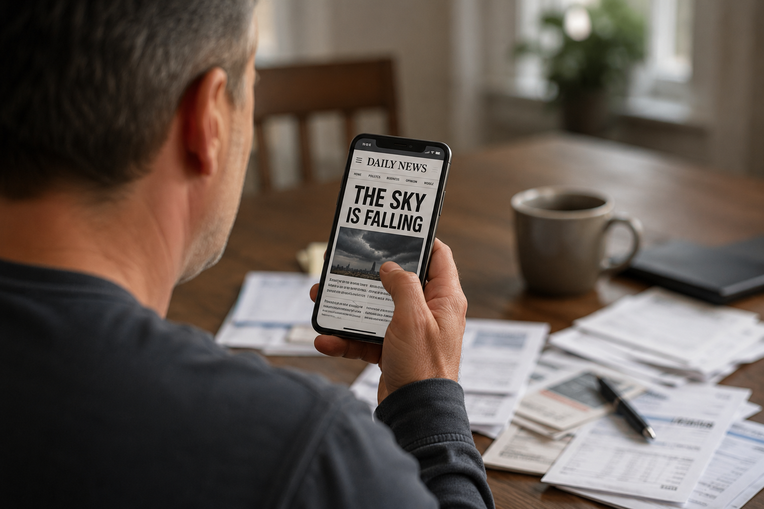 A quiet morning table with a cup of coffee, a phone, and a newspaper