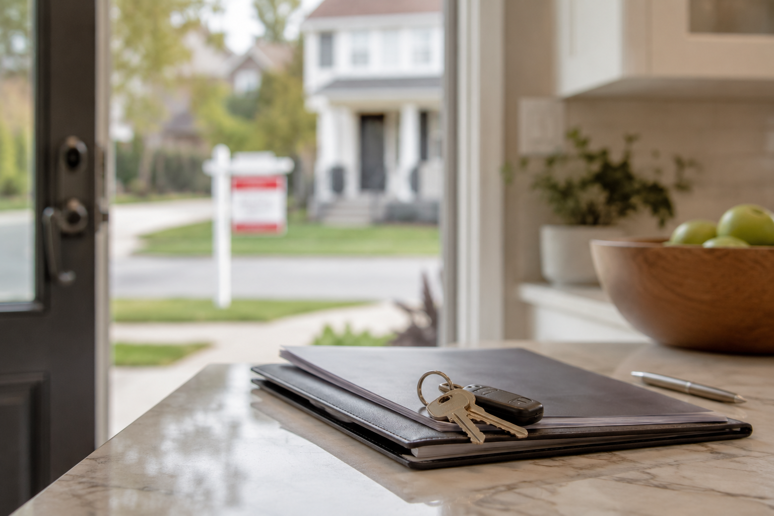 House keys and housing documents on a kitchen counter.