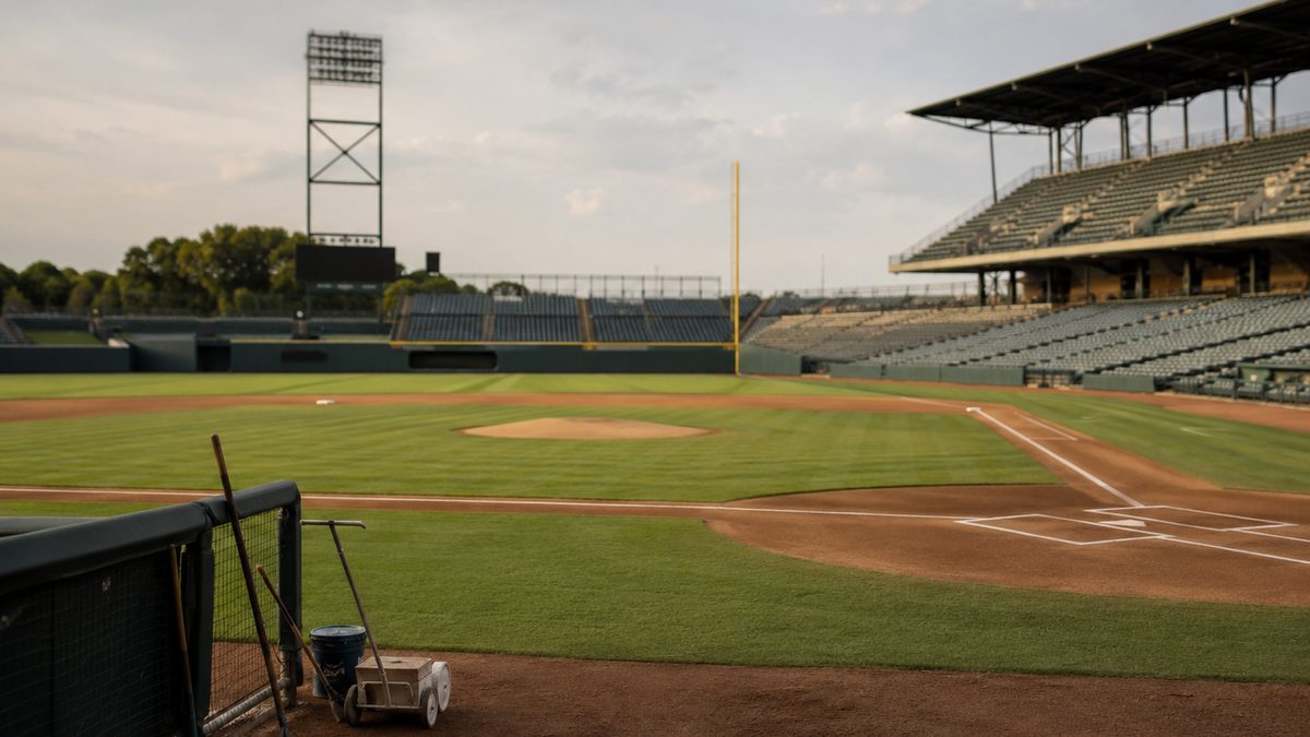 An empty baseball field shows bases and a blurred pitch clock before a game.