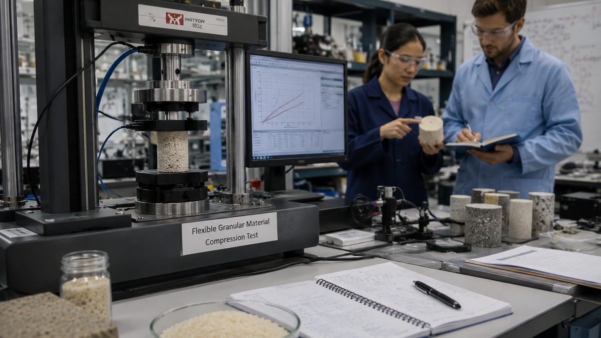Researchers test a flexible smart-material sample beside a dish of rice grains.