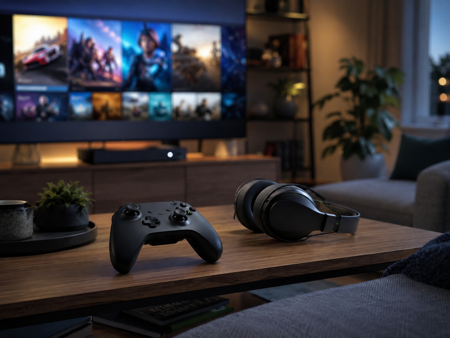 A gaming controller and headset in front of a blurred TV screen.