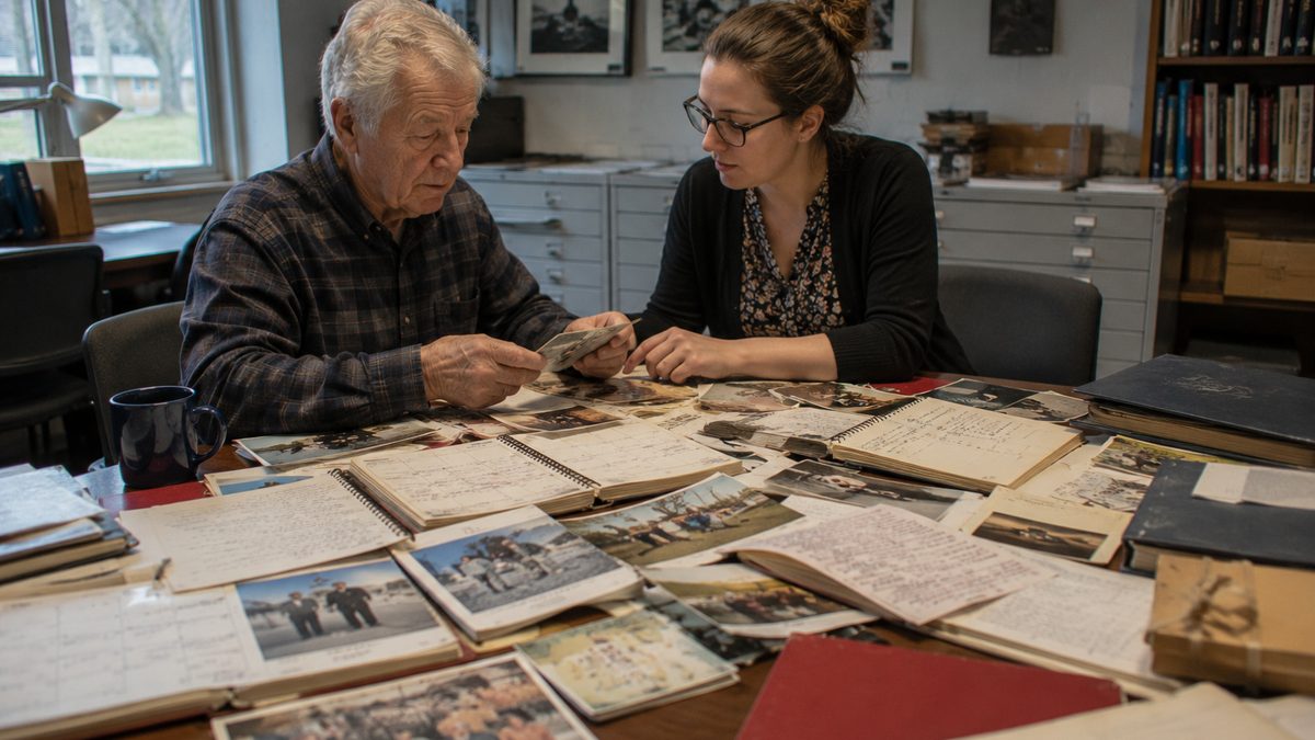 A memory researcher and participant reviewing personal records and calendars.