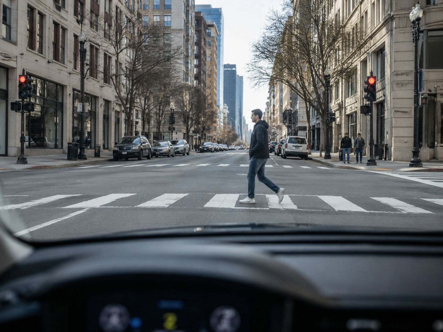 A modern car approaches a crosswalk on a city street.
