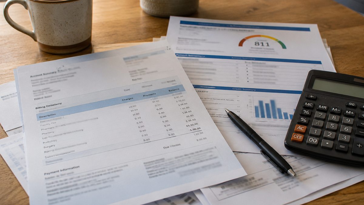 A medical bill and credit report-style document on a table.