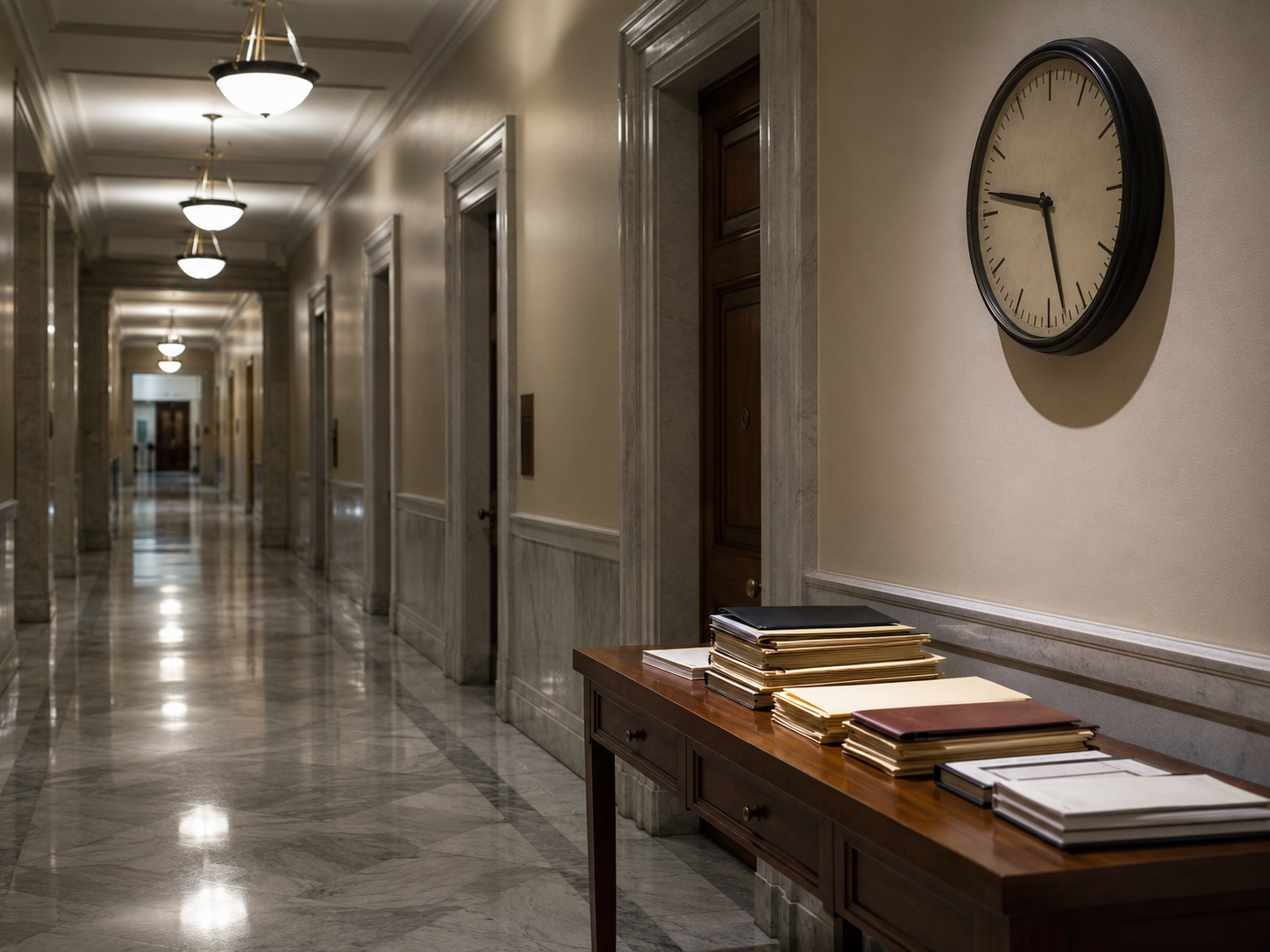 A quiet congressional hallway with folders and a wall clock, suggesting late-stage budget work.